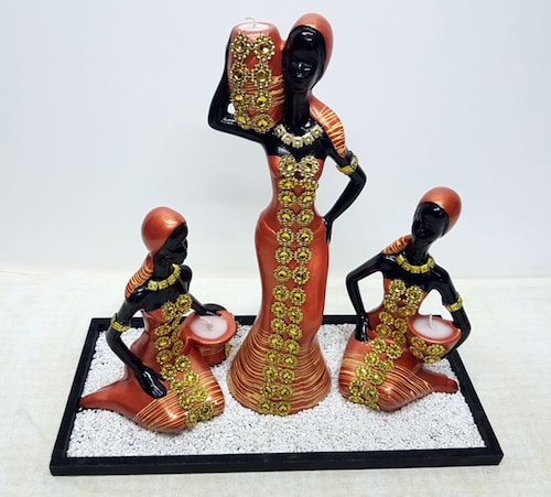 Muñecas Africanas De Cerámica Artesanales De 3 Pz Con Base