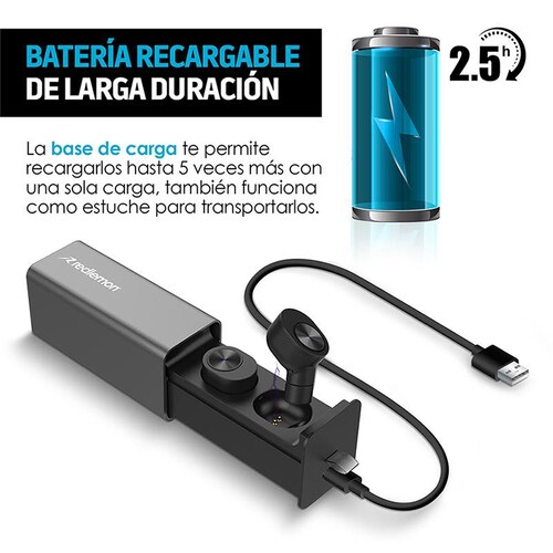 Redlemon Audífonos Inalámbricos Bluetooth True Wireless Stereo con Base de Carga, Sonido HD, Aislante de Ruido Exterior, Manos Libres, Batería de Larga Duración, Compatibles con iOS y Android