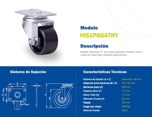 Paquete de 8 Rodajas, Llanta de 2 pulgadas, Industriales de  100 Kg, con Placa Giratoria, Modelo Nuevo, Rueda de Nylon con Buje