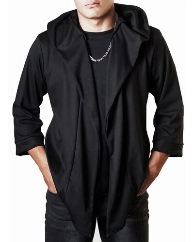 Kimono con Capucha Manga 3/4,Suéter Largo, Cardigan, Sudadera Negro, Hoodie Hombre.
