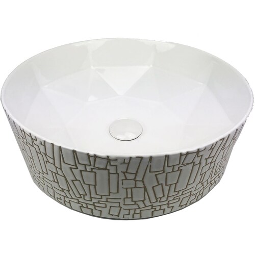 Lavabo Cerámico para Baño SUM,  forma circular en color blanco con texturas en relieve color dorado. De sobreponer, con diseño europeo ideal para todo tipo de baños. Dimensiones 40.0 x 40.0 x 14.5 cms. (base x altura x profundidad)