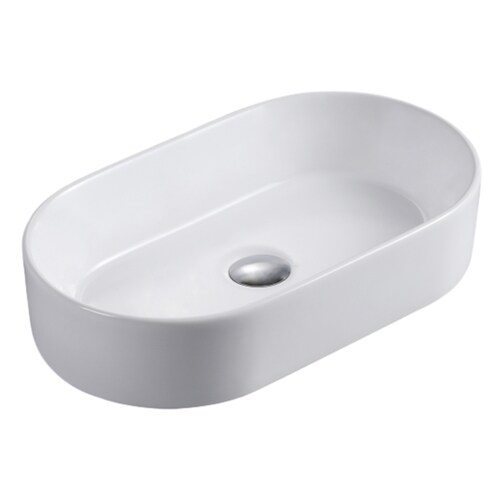 Lavabo Cerámico para Baño FI, color blanco brillante con acabado liso. De sobreponer, con diseño europeo ideal para todo tipo de baños. Dimensiones 51.5 x 30.0 x 11.5 cms. (base x altura x profundidad)