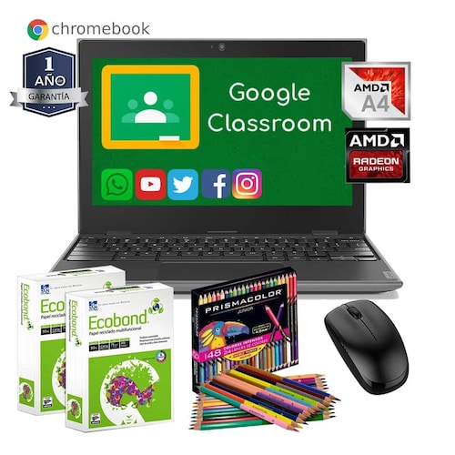 Laptop Lenovo 11" Amd A4 32gb Ram 4gb-  Chromebook + 1000 Hojas blancas + Caja de colores + Mouse