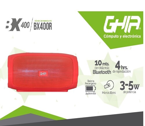 BOCINA BLUETOOTH BX400R GHIA ROJO 8W X2 RMS AUX MICRO SD CARD USB PORTATIL CEL TABLET MICROFONO