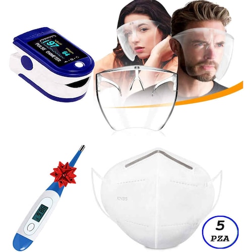 Kit Protector Facial Médico (Careta 360) + Pulse Oximetro + 5 Mascarillas KN95 + Regalo Termómetro Digital