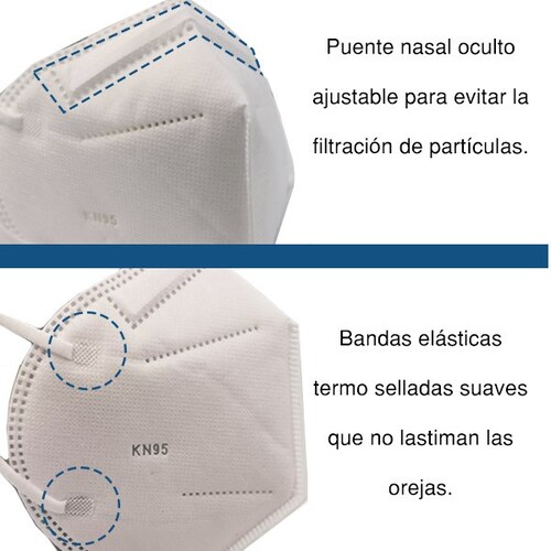 50 piezas Cubrebocas KN95 Color Blanco Con 5 Capas De Protección En Paquete Individual Con Válvula