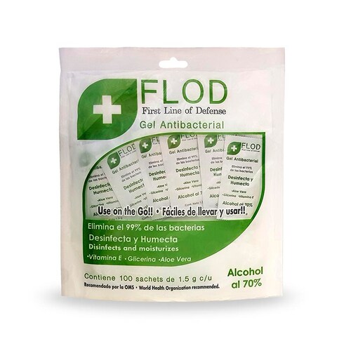 Flod Pack 100 pz Sachets Gel Antibacterial 1.5 Gr c/u con 70% Alcohol