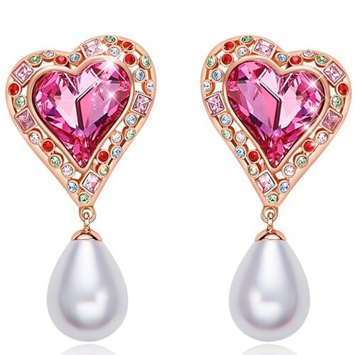 Aretes de corazón swarovski con perla oro rosa elegantes de alta gama 