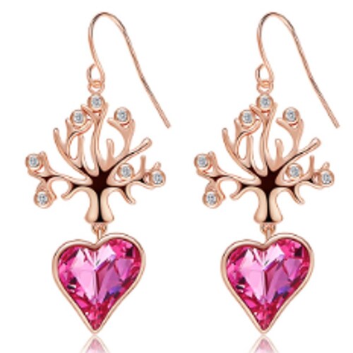 Pendientes de corazón de cristal de Swarovski rosa, chapado en oro rosa de alta gama 
