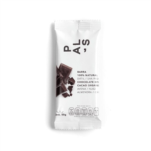 PAL'S Snacks barra de proteína natural y Vegana, sabor Chocolate Amargo y Chía, 50 gr, 18 barras