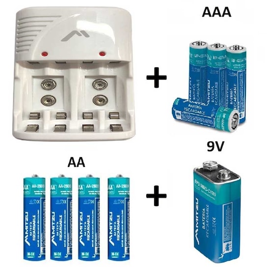 Kit cargador con pilas recargables AA, AAA, 9V, 13 pilas recargables
