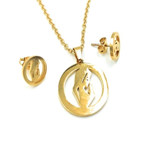 Kit Cadena Dije Y Aretes Forma De Mamá Rezando Dorada Acero 