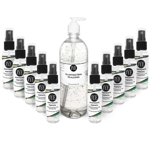 Gel Antibacterial 1L 70% alcohol  y 10 sanitizantes portátil 60ml JYE PRECIO MAYOREO