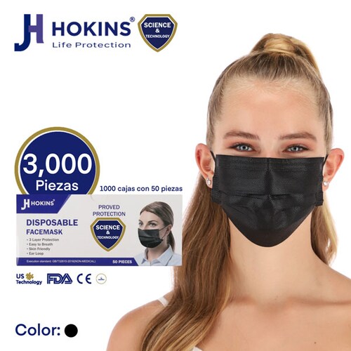 Cubrebocas Termosellado Tricapa Desechable 3000pzs Negro JH Hokins Calidad Premium Registro Sanitario Cofepris SSA 0341C2021