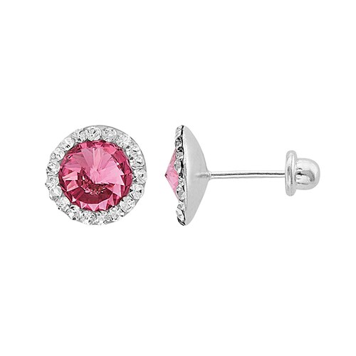 Broquel con Diseño de Circulo con Circonia color Rosa en Plata .925 + Obsequio