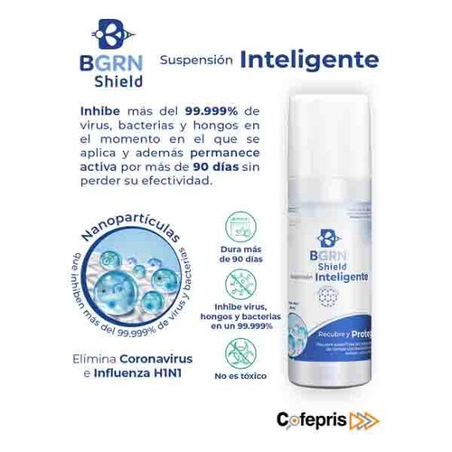 BGrn Shield, Desinfectante Antiviral por tiempo prolongado en Aerosol, 250ml.