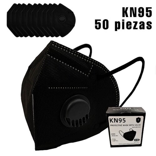 50 piezas Cubrebocas KN95 Color Negro Con 5 Capas De Protección En Paquete Individual Con Válvula