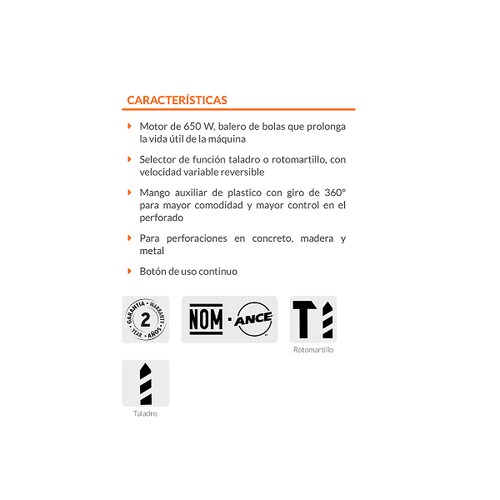 ROTOMARTILLO TALADRO PROFESIONAL  TRUPER DE 650 W DE 1/2 ROTO-1/2 A 4.7 A 