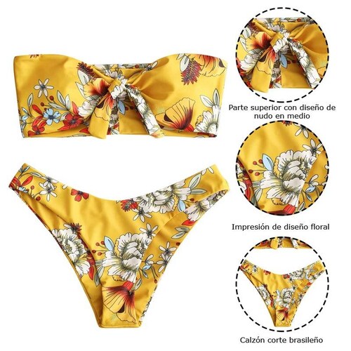  Sexy Bikini 2 Piezas Strapless Floreado Con Tanga Brasileña