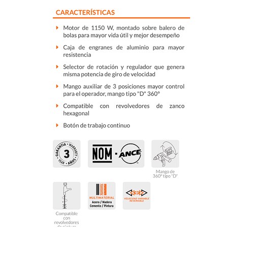 TALADRO TIPO ESPADA DE 1/2" PARA REVOLVER PINTURA CEMENTO MORTERO HACER MEZCLAS 1150 W INDUSTRIAL TRUPER