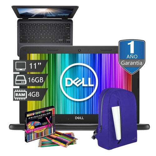 Laptop Dell 11 Intel Celeron doble núcleo 16gb Emmc  4gb Ram Chrome Os + Caja de colores + Mochila