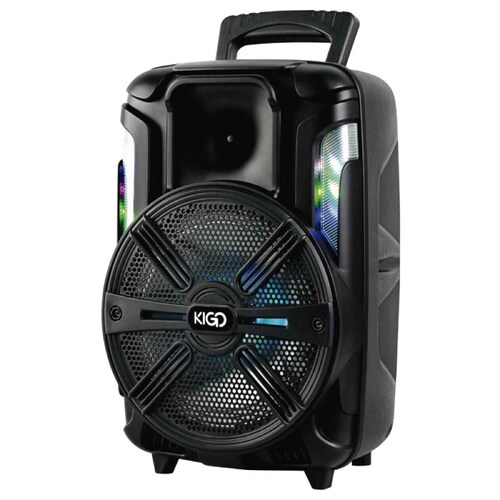 Bocina bluetooth marca KIGO Modelo KG8DL-VBT de 8 pulgadas con control remoto y micrófono alámbrico, con sistema TWS