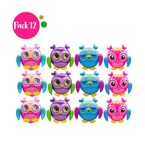 Inflable de Buho en Paquete de 12  Rosa Azul y Morado