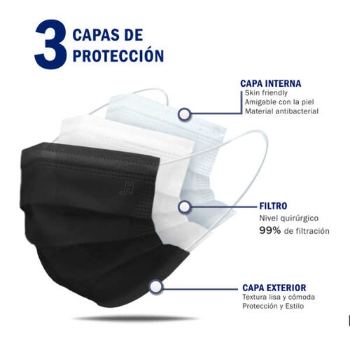  Cubrebocas Hokins  3000p z Color Negro Termosellado Registro Sanitario Cofepris SSA 0341C2021