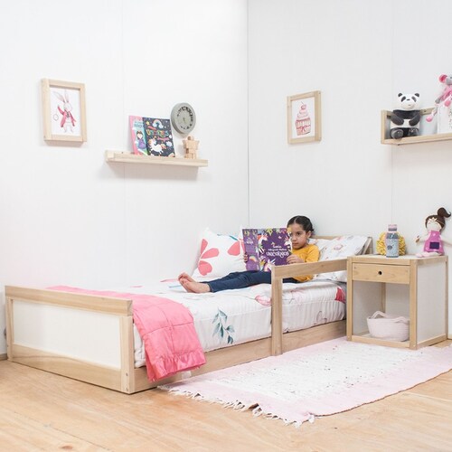 Cama de piso individual para niños, marco de cama Montessori de madera  individual, marcos de cama individual para bebés y niñas (individual, gris)