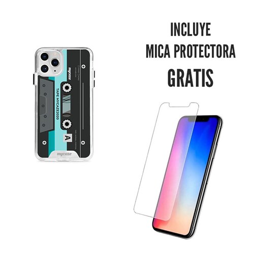 FUNDA CASETTE VINTAGE AZUL CON MICA DE CRISTAL TEMPLADO DE REGALO ( Para iPhone 6, 7 y 8 )