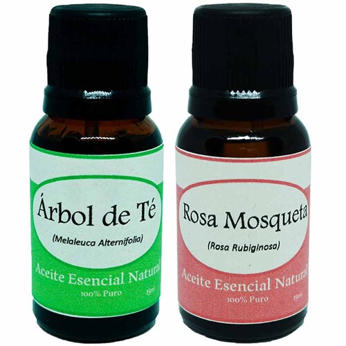 Arbol de Te y Rosa Mosqueta Aceite Esencial Natural 2 Frascos Kit Krisamex