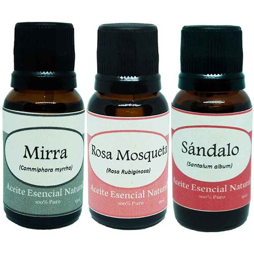 Mirra Rosa Mosqueta y Sandalo Aceite Esencial Natural 3 Frascos Kit Krisamex