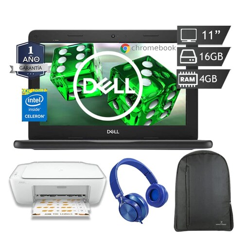 Laptop Dell 11 Intel Celeron Emmc 16gb/4gb  Chrome Os + Mochila + audífonos + impresora