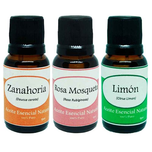 Zanahoria Rosa Mosqueta y Limon Aceite Esencial Natural 3 Frascos Kit Krisamex