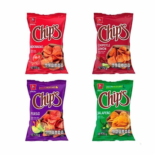 Surtido De Papás Fritas, Chips, 4 de 170g c/u.
