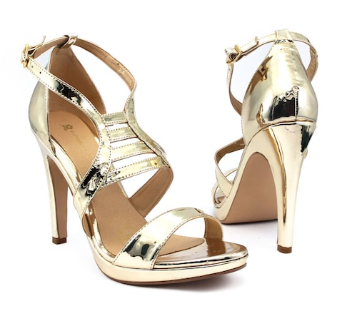 Zapatilla Elegante De Fiesta Dorada Tacon Delgado Abierta