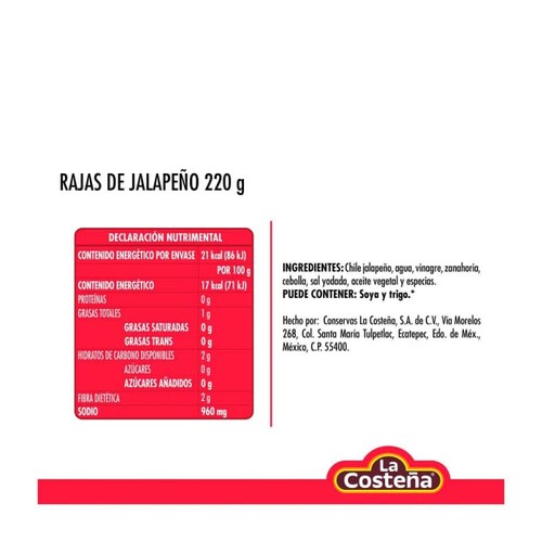 Chiles Jalapeños en Rajas La Costeña en Escabeche 6 pzas de 220 g