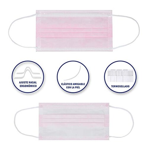 Cubrebocas Termosellado Tricapa Desechable 30 Pza Color Rosa JH Hokins Calidad Premium Grado Quirurgico Registro Sanitario