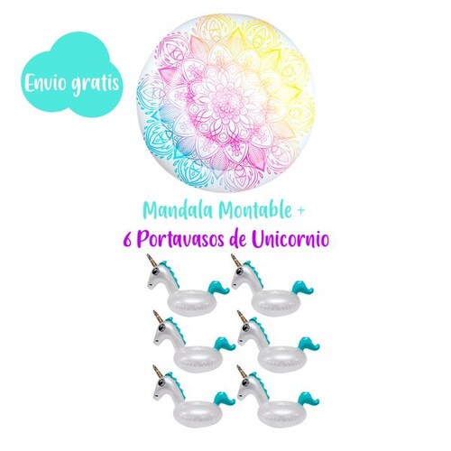 Salvavidas Inflable De Mandala + 6 Portavasos De Unicornio Multicolor