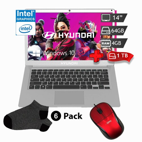 Laptop Hyundai Intel N3350 - 64GB eMMC más 1TB de almacenamiento interno - 4GB + Regalo 6pack de calcetines