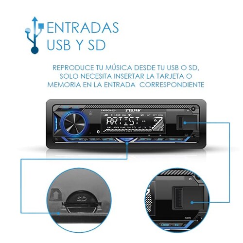 Steelpro Autoestereo Bluetooth Caratula Desmontable USB Aux 1 DIN