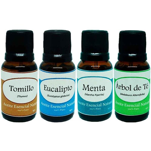 Tomillo Eucalipto Menta y Arbol de Te Aceite Esencial Natural 4 Frascos Krisamex