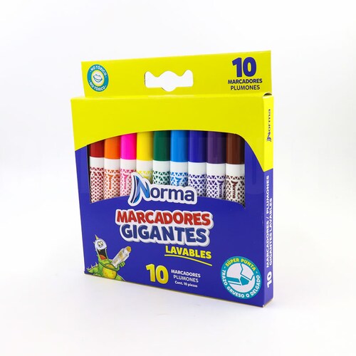 Marcadores Norma Gigantes Agua 10 Colores Trazo Grueso y Delgado