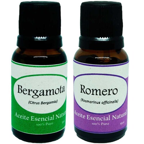 Bergamota y Romero Aceite Esencial Natural 2 Frascos Kit Difusor Krisamex