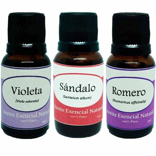 Violeta Sandalo y Romero Aceite Esencial Natural 3 Frascos Kit Difusor Krisamex