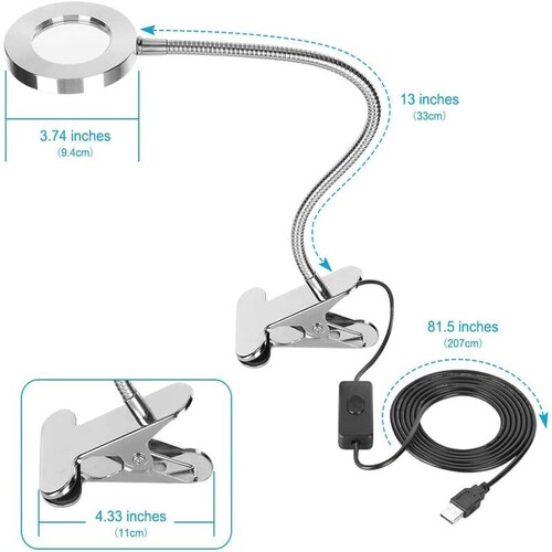Lámpara led de escritorio TECK TECK con clip portátil para maquillaje, tatuaje, uñas. 3.5 pulgadas plata no incluye conector usb