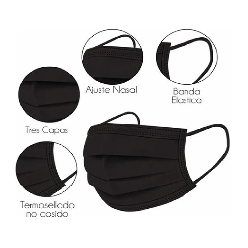 Cubrebocas Tricapa  Termosellado, 50 PCS NEGRO  Plisado, Ajuste Nasal  TRICAPA
