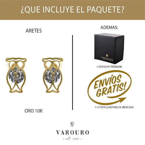 Aretes | Broqueles Búho Oro  VAROURO 10k + Estuche De Regalo