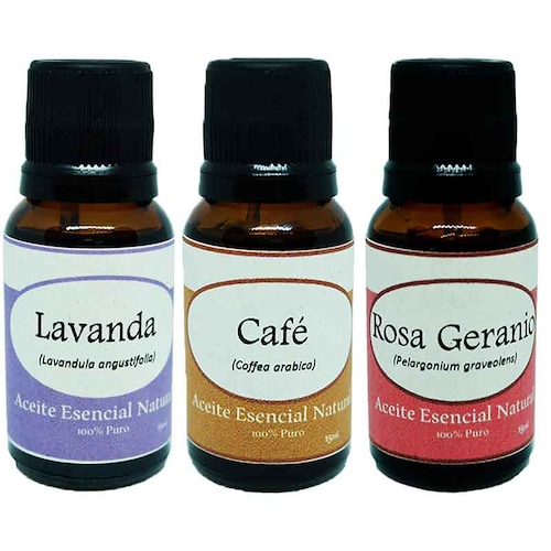 Lavanda Cafe y Rosa Geranio Aceite Esencial Natural Difusor 3 Frascos Krisamex