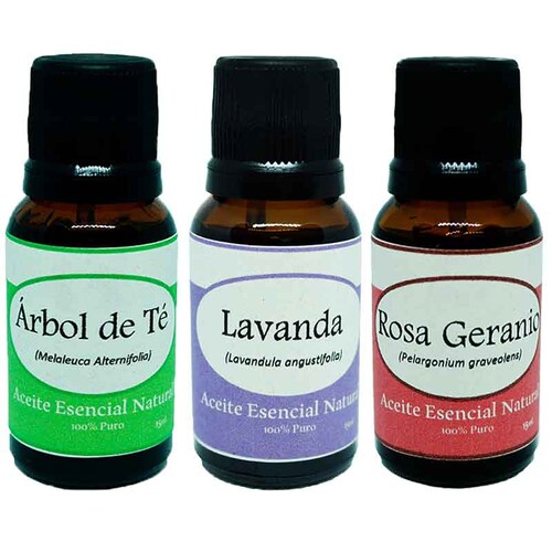 Arbol de Te Lavanda Rosa Geranio Aceite Esencial Natural 3 Frascos Kit Krisamex